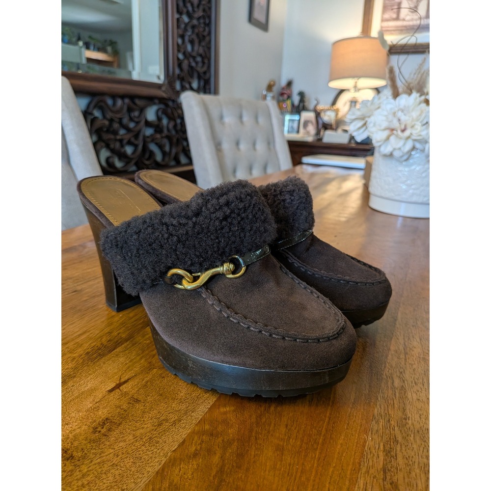 Coach Idyle Brown Suede Shearling Platform Mules Gold Hardware A3611 Size 10B